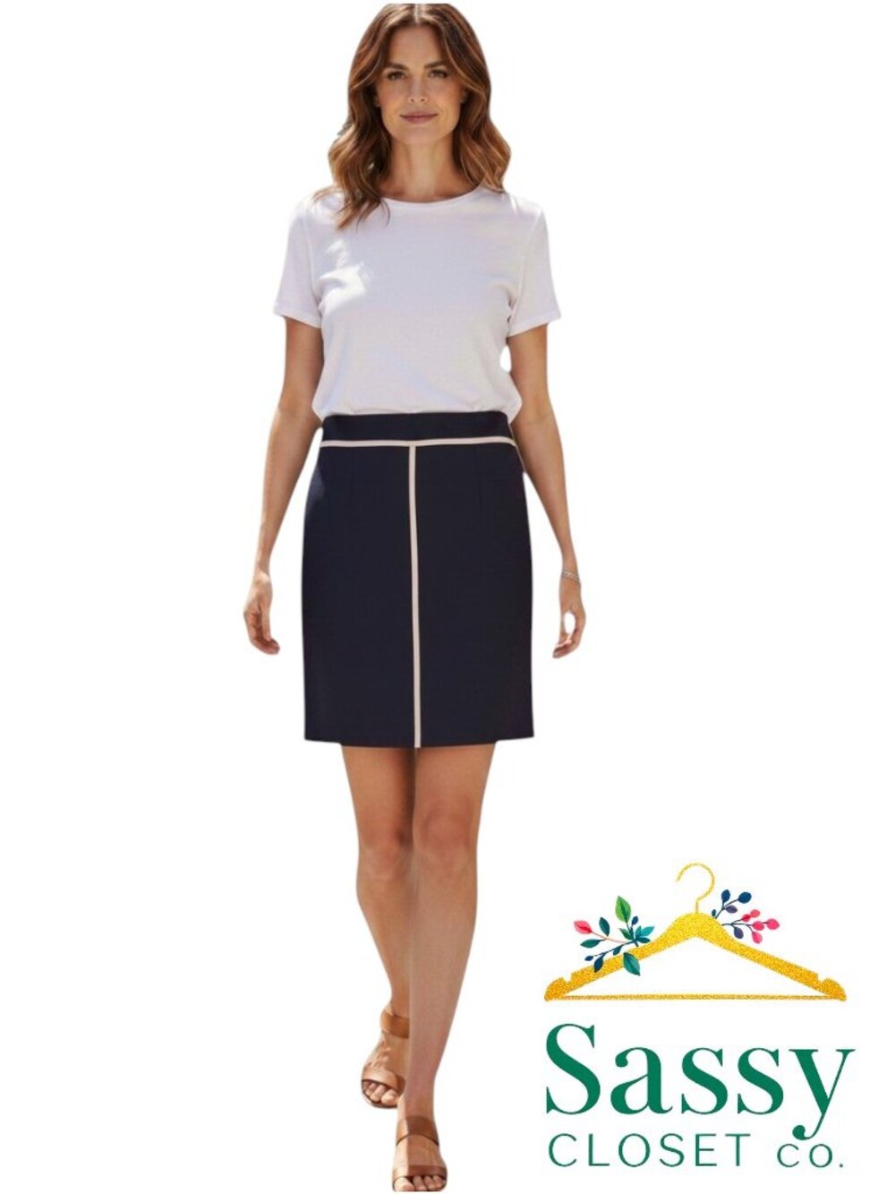 ✨ ANN TAYLOR Navy Ponte Pencil Skirt 10 Contrast White Trim Preppy EUC 💙